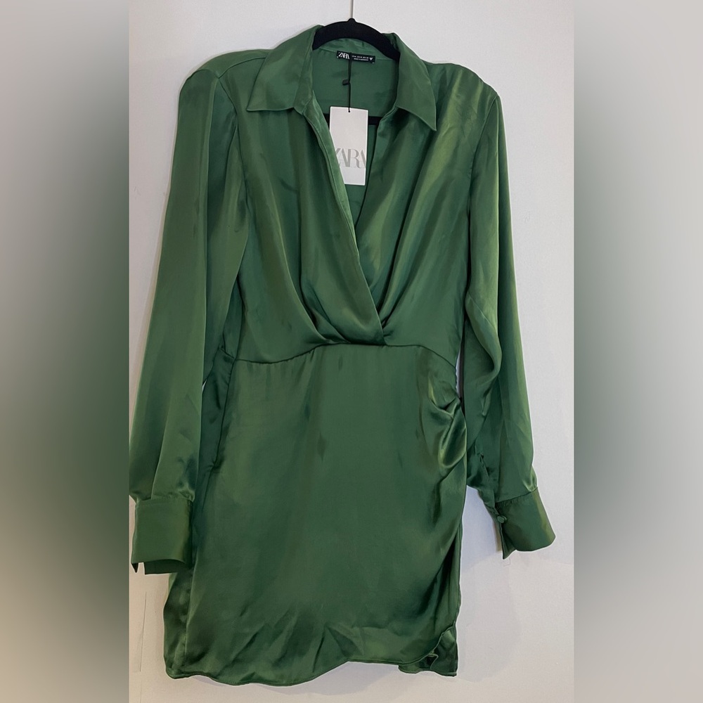 Zara Green Satin Wrap Dress Medium